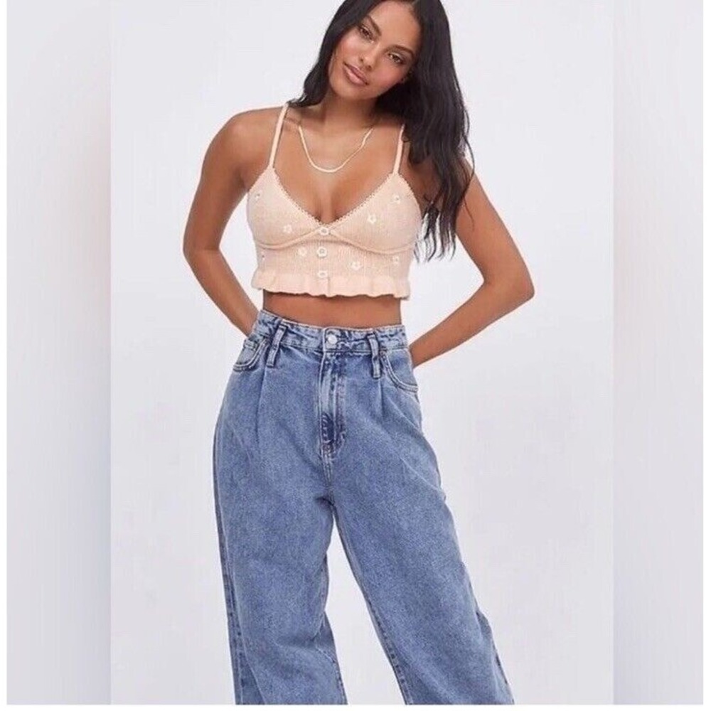 For Love & Lemons Embroidered Buds Daisy Cropped Knit Cami Tank Top Size XS